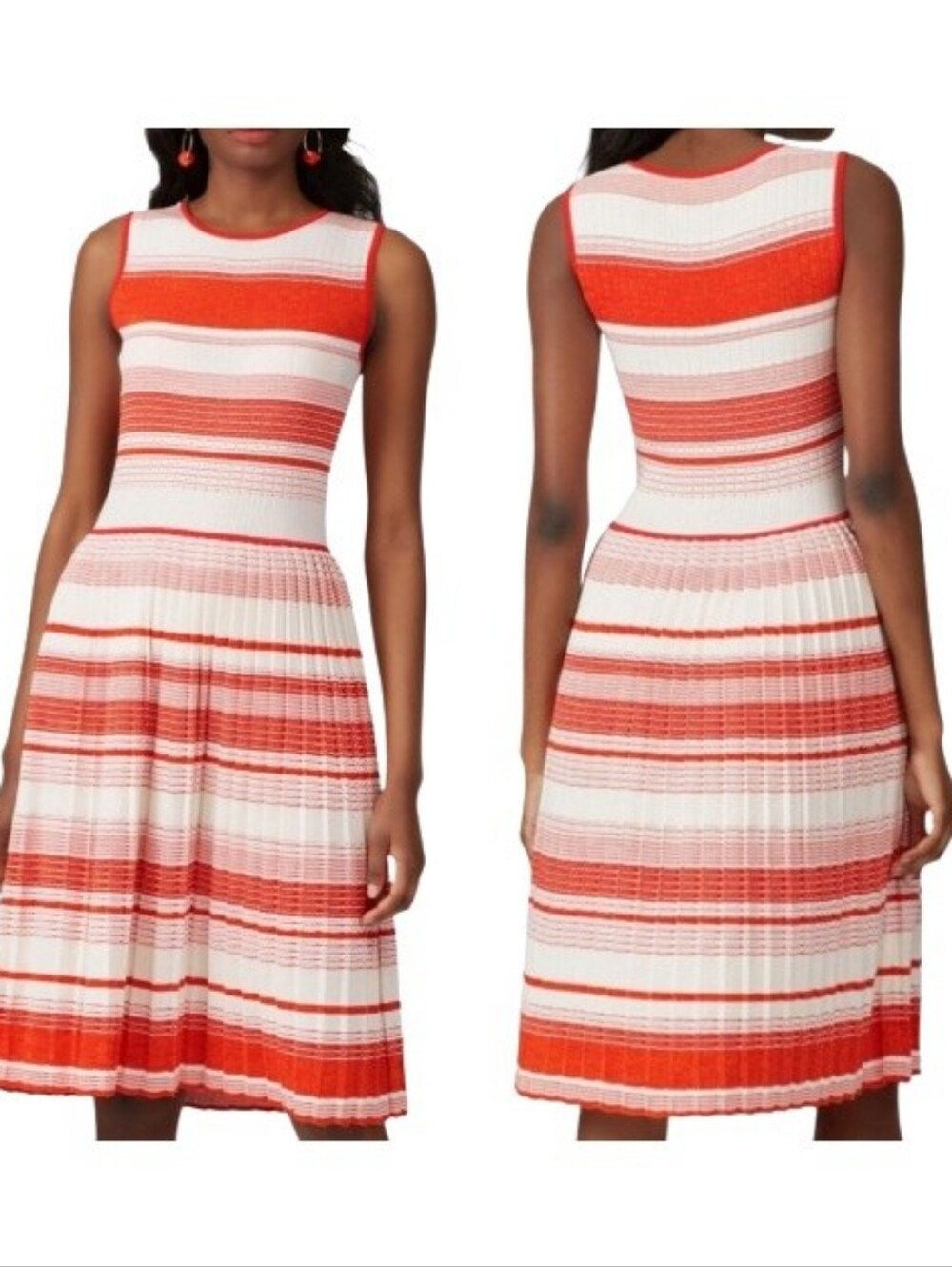 Kate Spade Striped Knit Dress Pleated Skirt Sleeveless Red-Orange White Cotton